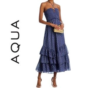 AQUA Smocked Halter Midi Dress Gold Dot Tiered Ruffle Party Dress S